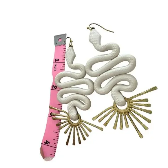 White Gold Polymer Snake Serpent Statement Earrings artisan handmade Boho - Picture 4 of 5